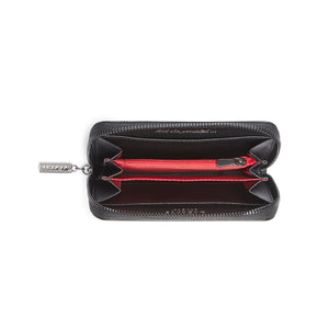 Black wallet with a red interior pocket on a white background