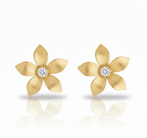 Gold flower-shaped earrings with diamond centers on a white background