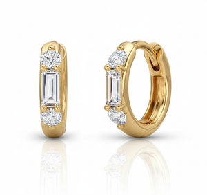 Gold hoop earrings with diamond accents on a white background