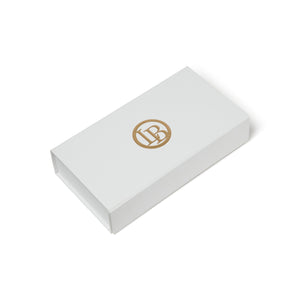 White rectangular box with a gold logo on a white background