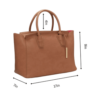 Brown handbag with dimensions marked on a white background