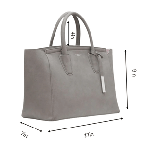Gray handbag with dimensions indicated on a white background