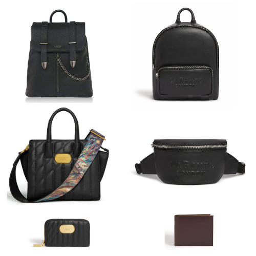 Collection of black leather bags including a backpack, handbag, waist bag, and wallets on a white background.