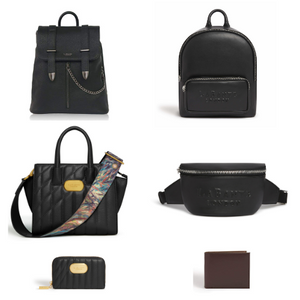 Collection of black leather bags including a backpack, handbag, waist bag, and wallets on a white background.