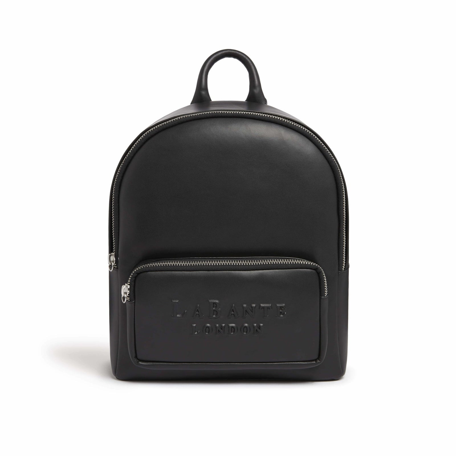 Black backpack with a visible brand logo on a white background