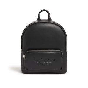 Black backpack with a visible brand logo on a white background