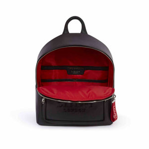 Black backpack with red interior on a white background