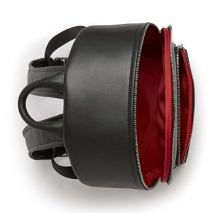 Black backpack with red interior on a white background