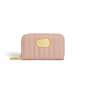 Pink wallet with gold zipper and logo on a white background