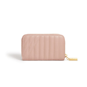Pink quilted wallet with a gold zipper on a white background