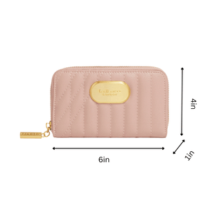 Pink wallet with gold accents and measurements on a white background