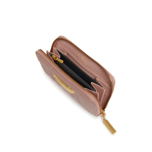 Pink wallet with gold zipper on a white background
