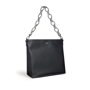 Black vegan luxury handbag with a chain handle on a white background