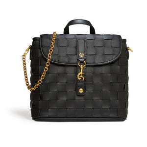 Black woven handbag with gold chain and hardware on a white background