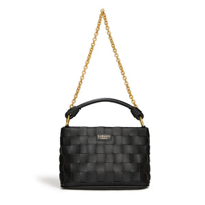 Black woven handbag with a gold chain strap on a white background