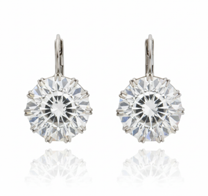 Pair of silver earrings with large clear gemstones on a white background