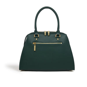 Green handbag with gold zippers on a white background
