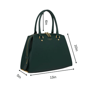 Green handbag with dimensions indicated on a white background