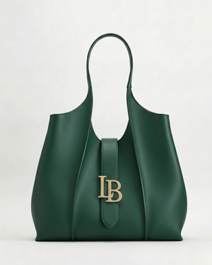 Green handbag with 'LB' logo on a white background