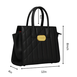 Black handbag with gold emblem and measurements on a white background