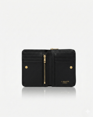 Black wallet with gold accents on a white background