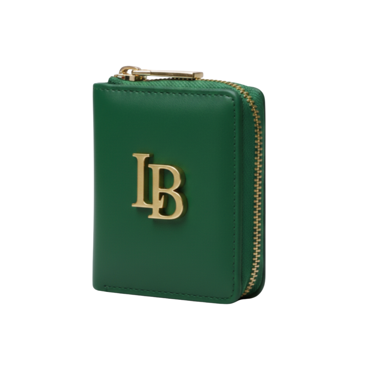 Green wallet with gold zipper and logo on a white background