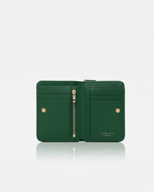 Green wallet with gold accents on a light gray background