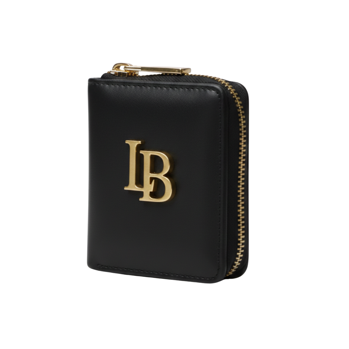 Black wallet with gold zipper and logo on a white background