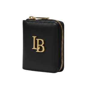 Black wallet with gold zipper and logo on a white background