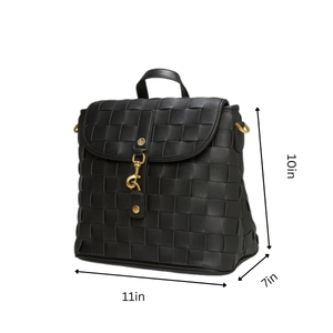 Black woven backpack with gold accents and dimensions on a white background