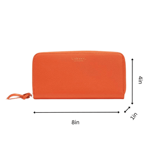 Orange wallet with dimensions labeled on a white background