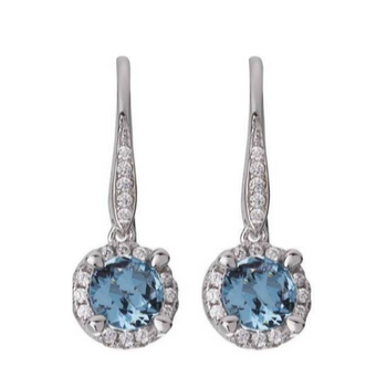 Pair of silver earrings with blue gemstones on a white background