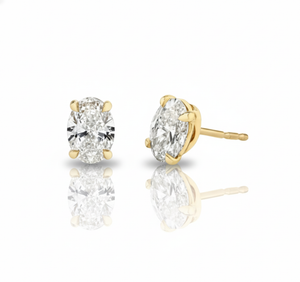 Gold earrings with clear gemstones on a white background