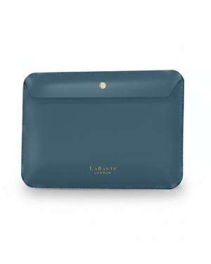 Blue pouch with 'La Ranza London' branding on a white background