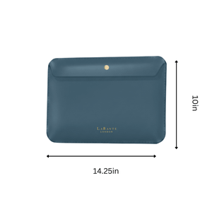 Teal pouch with dimensions and La Bante London branding on a white background