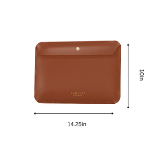 Brown leather pouch with dimensions on a white background