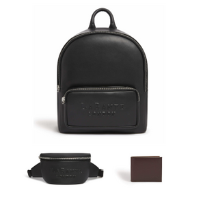 Black leather backpack with belt bag and wallet on a white background