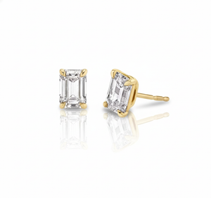 Gold emerald-cut stud earrings on a white background