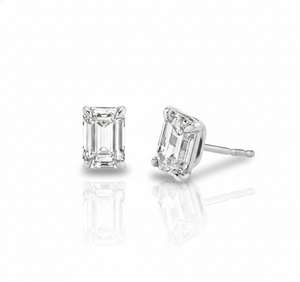 Pair of emerald-cut diamond stud earrings on a white background