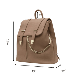 Brown backpack with chain detail and measurements on a white background