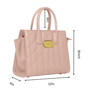 Pink handbag with measurements on a white background
